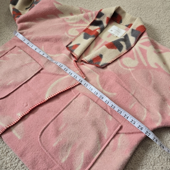 Anthropologie Heidi Kimono Jacket Soft Wool Front Patch Pockets Pink Ivory Motif - Picture 11 of 16